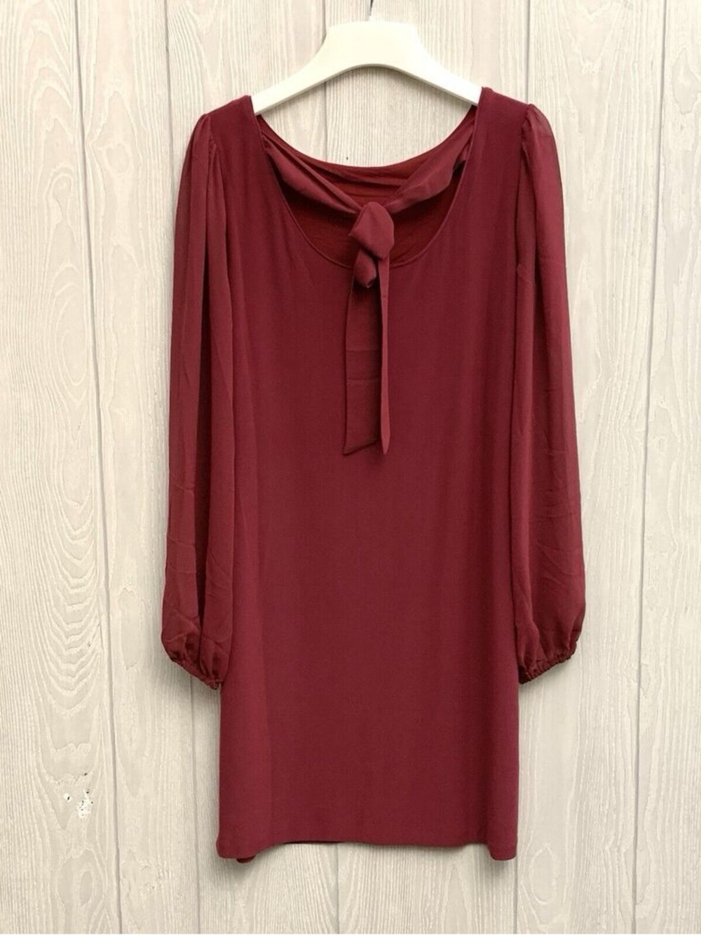 Elegant Burgundy Tie-Neck Long-Sleeve Dress